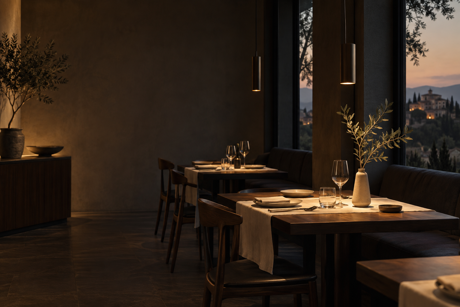 Warm dining room in the Osteria 28 restaurant demo