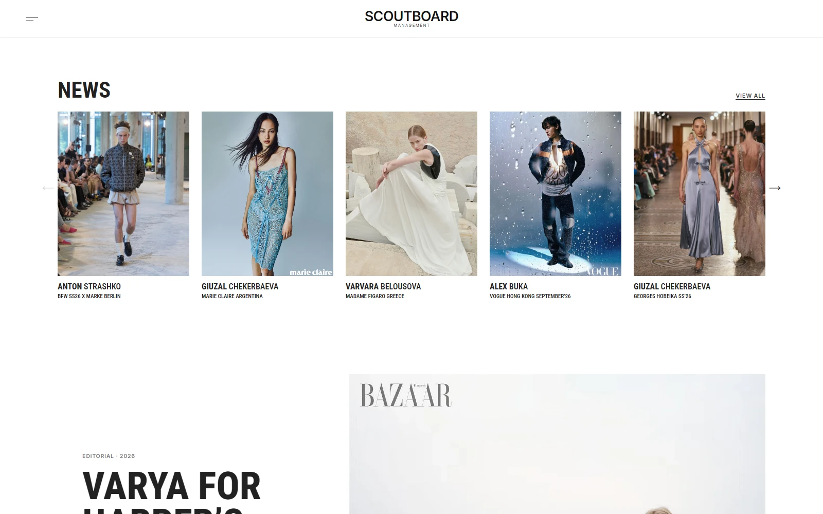 Scoutboard Management homepage showing its news and editorial presentation