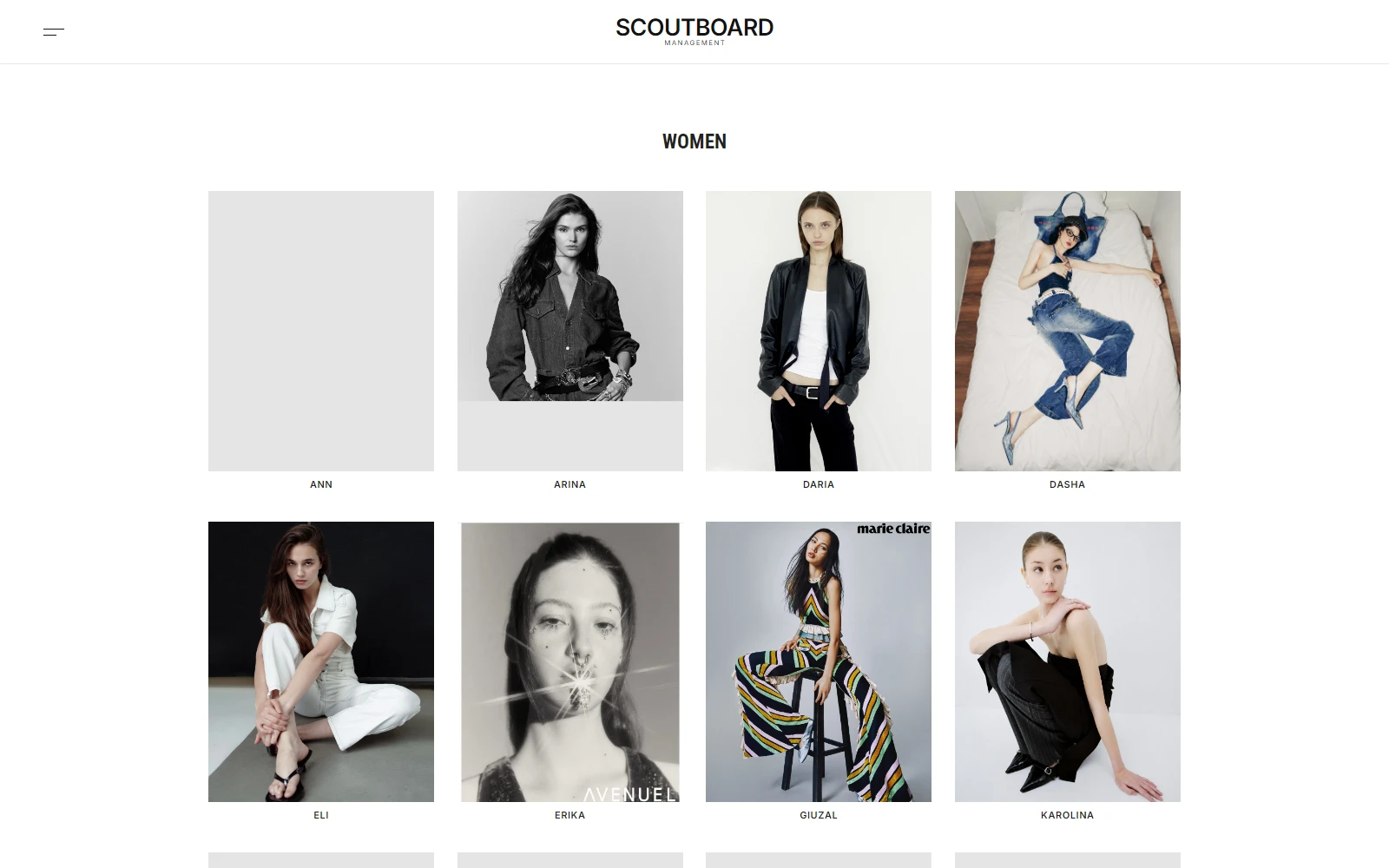 Scoutboard Management models directory with a grid of portrait cards